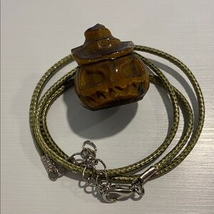 Tiger eye Pumpkin Pendant with Green Cord Necklace